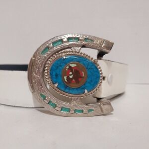 LOYAL ORDER OF MOOSE P.A.P. Belt Buckle Turquiose Horseshoe Silver White 34‎